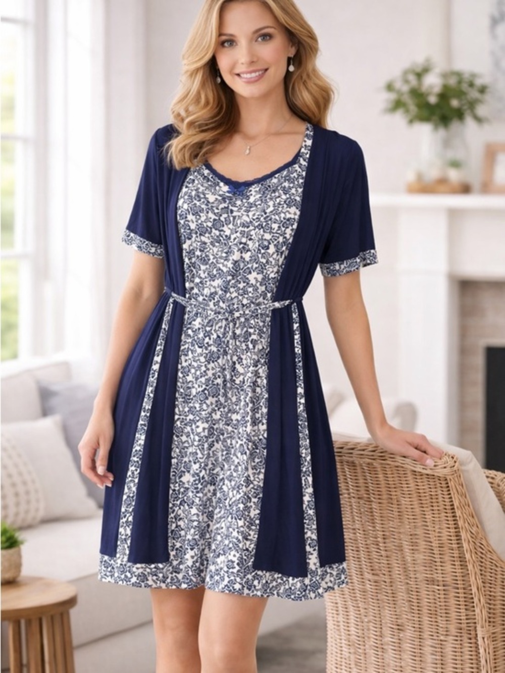 Ellen Tracy 3pc Pajama Set S Navy Floral Nightgown Robe Belt - Picture 1 of 8